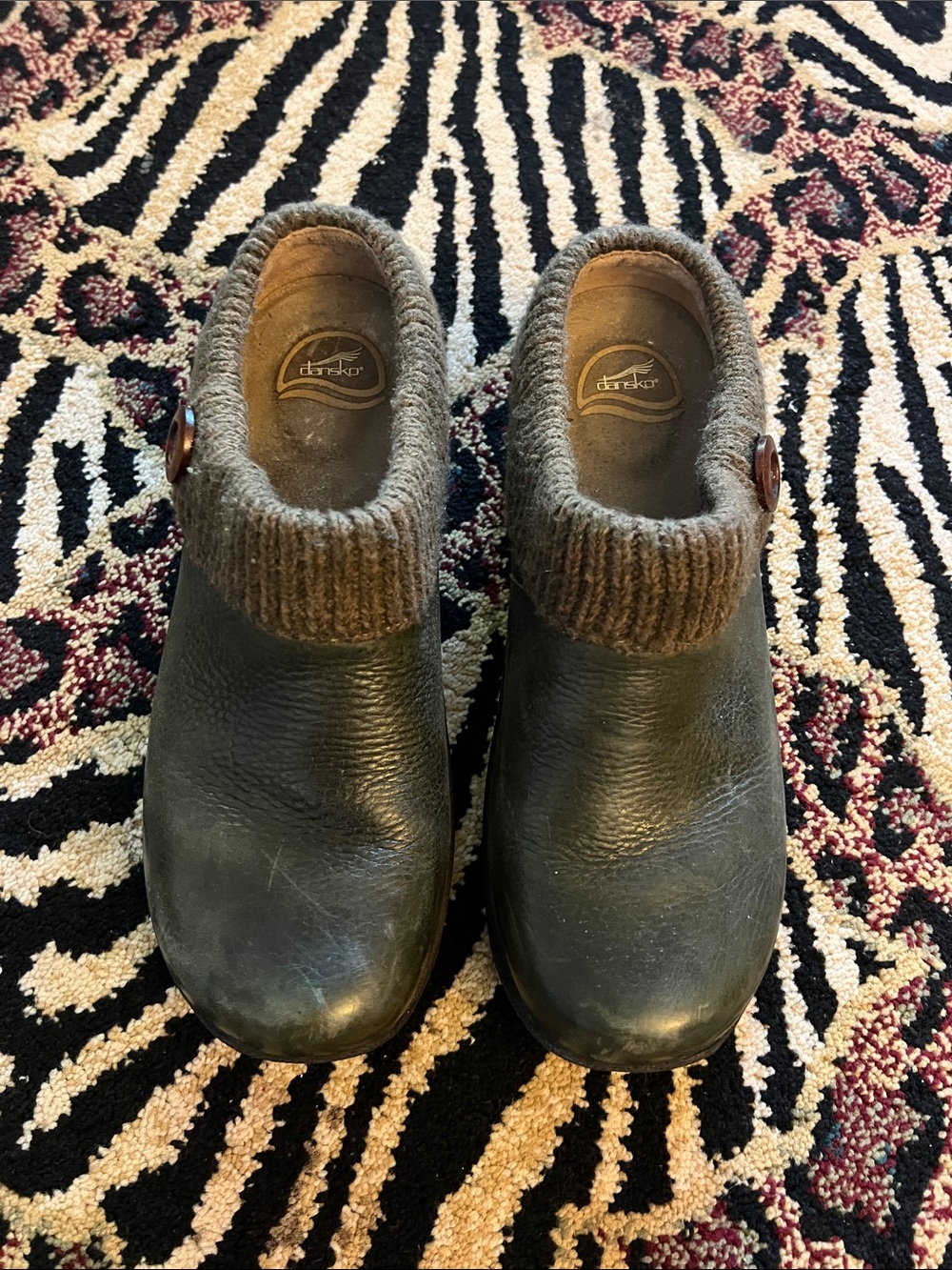 Dansko Brown Leather Clogs with Knit Cuff